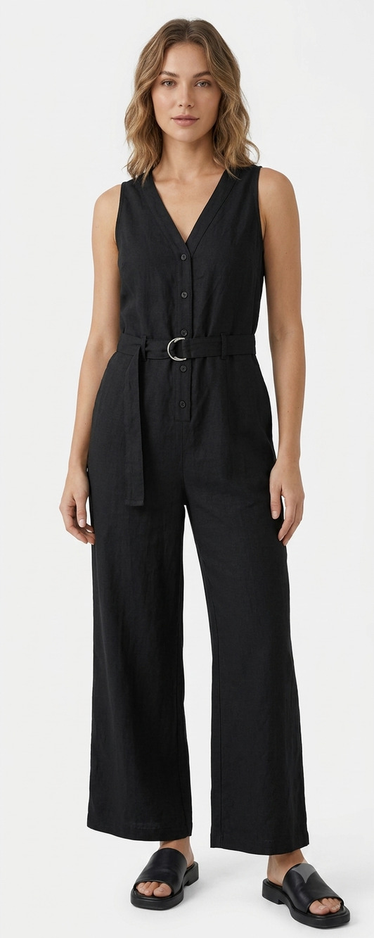 Halara Belted Jumpsuit XS Black Linen-Like Wide Leg NWT Sleeveless Button Front